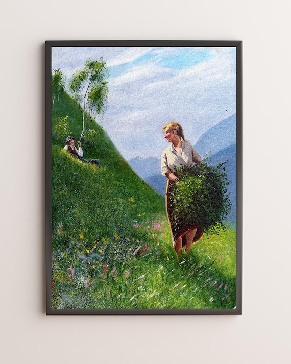 油絵「草を運ぶ女性」山の風景、素朴なアルプスの丘陵地帯の比喩的芸術