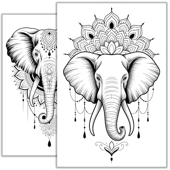 象の装飾的な線画イラスト 象の曼荼羅タトゥースケッチ - スピリチュアルな線画、装飾的な象の