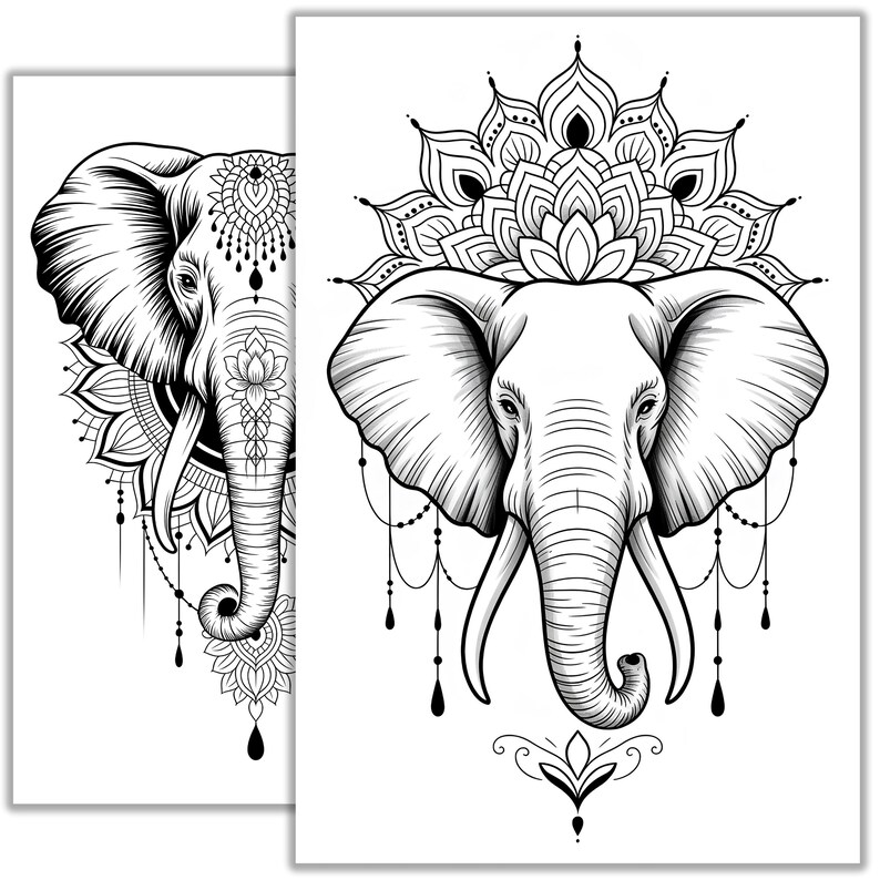 Elephant Mandala Tattoo Sketch – Intricate Black and White Line Art ...