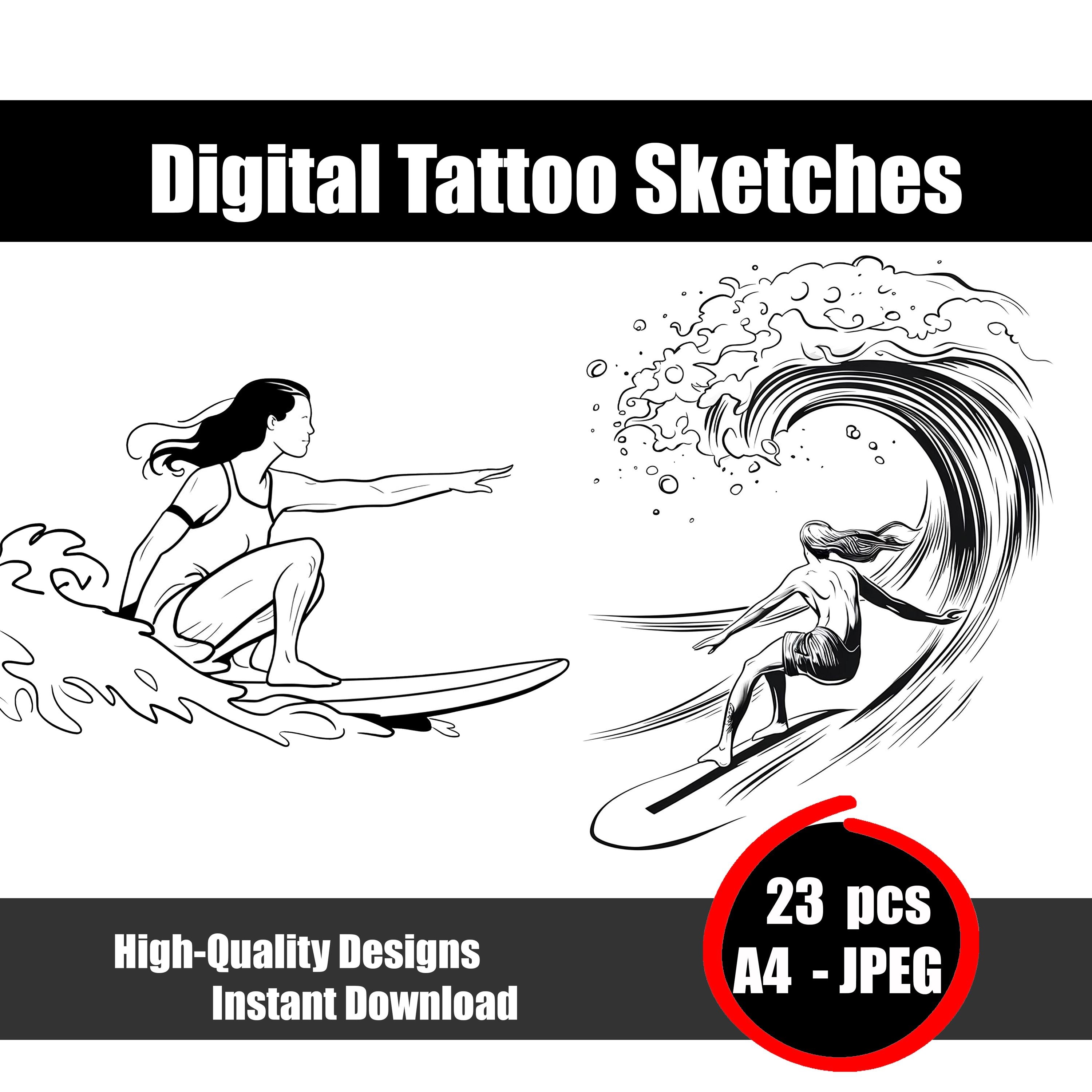 サーファータトゥースケッチ – ミニマルな波とサーフボードのイラスト