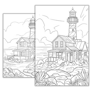 Puede incluir: Un dibujo en blanco y negro de una escena costera con dos casas y dos faros. Las casas tienen porches y est&aacute;n rodeadas de &aacute;rboles y rocas. Los faros son altos y delgados con ventanas y un techo puntiagudo.