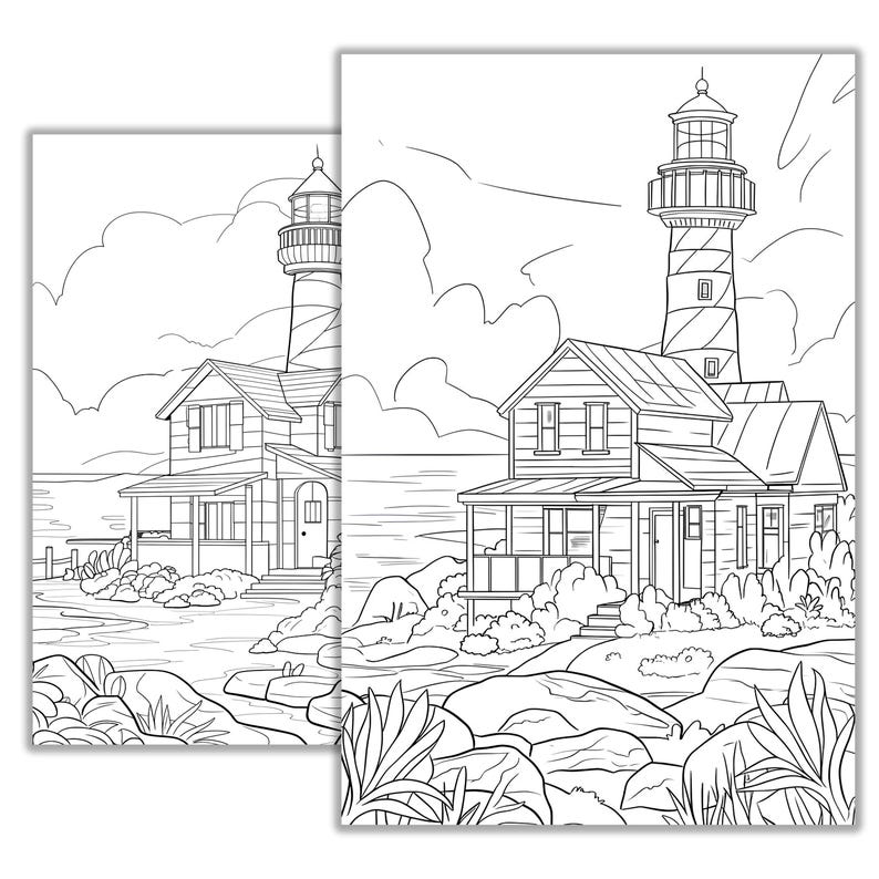 Puede incluir: Un dibujo en blanco y negro de una escena costera con dos casas y dos faros. Las casas tienen porches y est&aacute;n rodeadas de &aacute;rboles y rocas. Los faros son altos y delgados con ventanas y un techo puntiagudo.