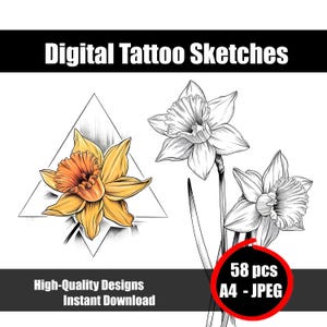 Narzissen Tattoo Skizze | Elegantes florales Linienkunst-Design | Digitaler Download Tattoo Schablone | Feine Linie Blumen Tattoo Flash