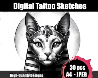 Bastet Tattoo Sketch – Egyptian Goddess Cat Tattoo Design | Mystical Deity Line Art | Blackwork Tattoo Flash | Instant Download