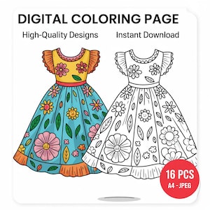 Floral Dress Coloring Page – Fashion Printable for Kids & Adults, Beautiful Outfit Design, Flowers, Relaxing DIY Art Coloring Sheet