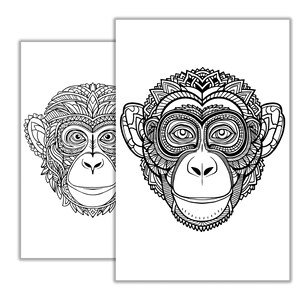 May include: Two black and white line drawings of monkey faces with intricate patterns. The monkey faces are facing forward with their mouths slightly open.