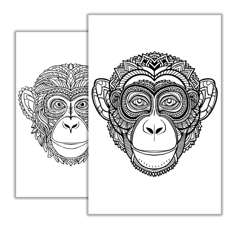 May include: Two black and white line drawings of monkey faces with intricate patterns. The monkey faces are facing forward with their mouths slightly open.