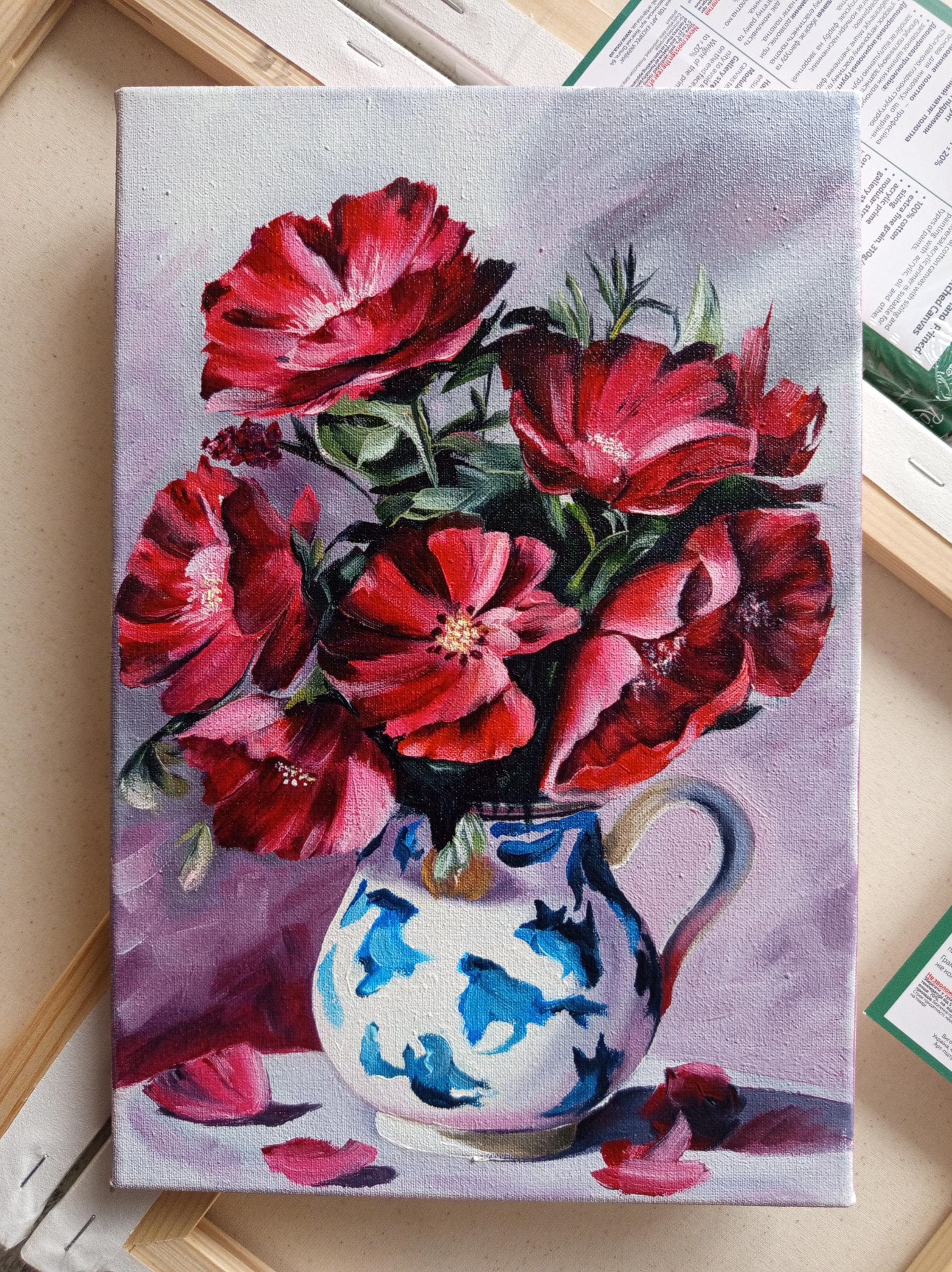 花瓶の中のポピーの油絵 | 赤い花の静物画 | 手描きの花柄キャンバス