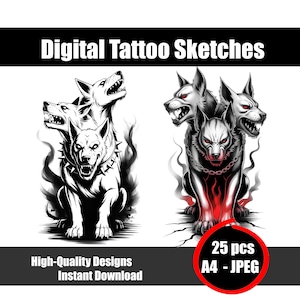 May include: Digital Tattoo Sketches graphic featuring two illustrations of snarling, three-headed dogs with spiked collars and chains. The designs are in black and white with red accents, and the text reads "High-Quality Designs Instant Download" and "25 pcs A4 - JPEG."
