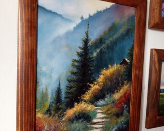 森の中の家 油絵 – 居心地の良い森の風景画、素朴なキャビンの