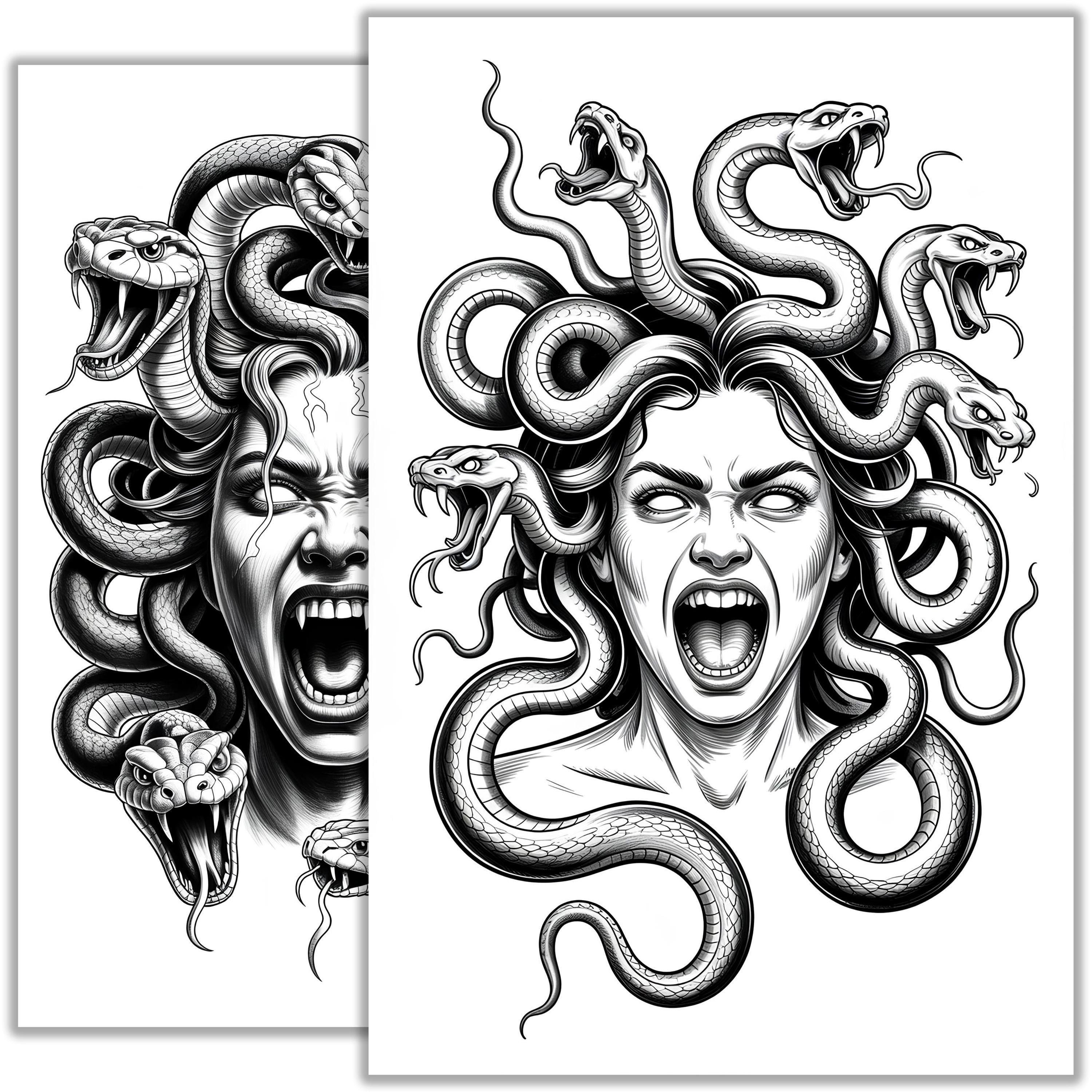 Medusa Gorgon Tattoo Sketch #2 – Mythological Blackwork Line Art Design ...