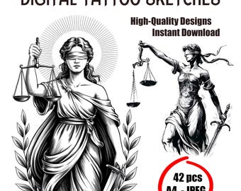 Croquis de tatouage de Themis Justice | Conception de tatouage de la déesse de la justice | Tatouage de Dame Justice | Croquis de tatouage mythologique