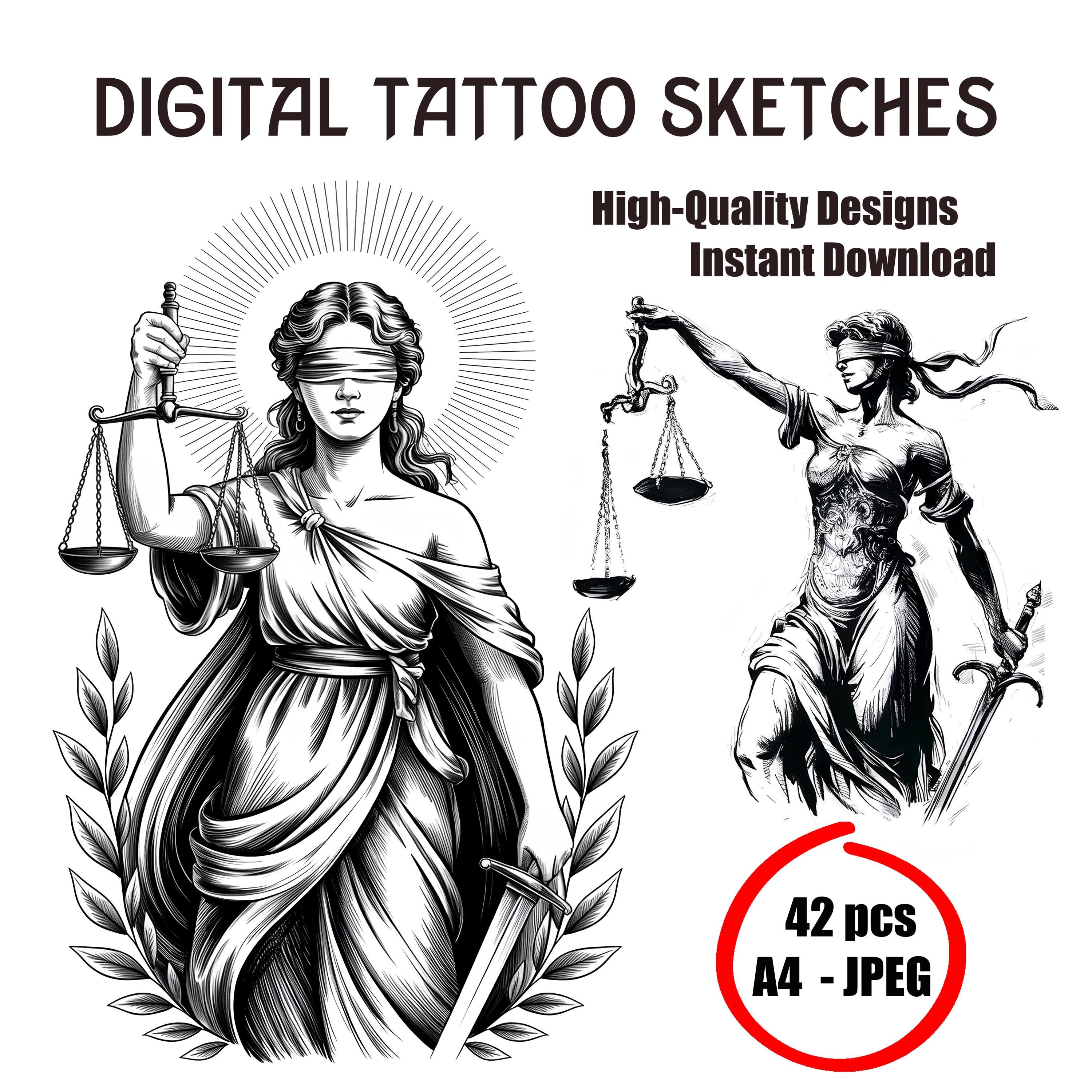Themis Justice Tattoo Sketch | Goddess of Justice Tattoo Design | Lady Justice Tattoo Art | Mythological Tattoo Sketch