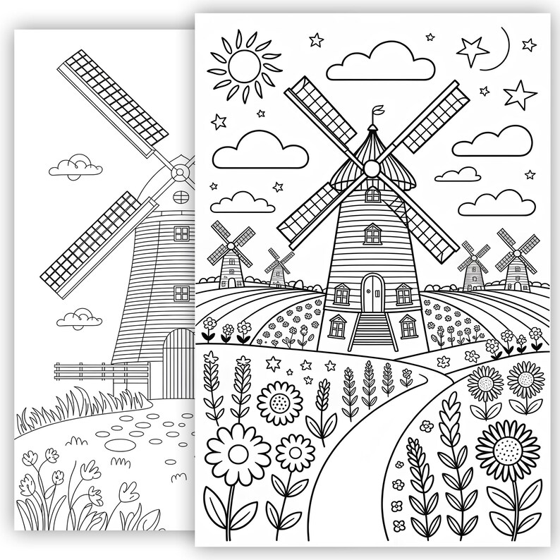 Windmill Coloring Page 2 | Printable Landscape Adult Coloring Sheet ...