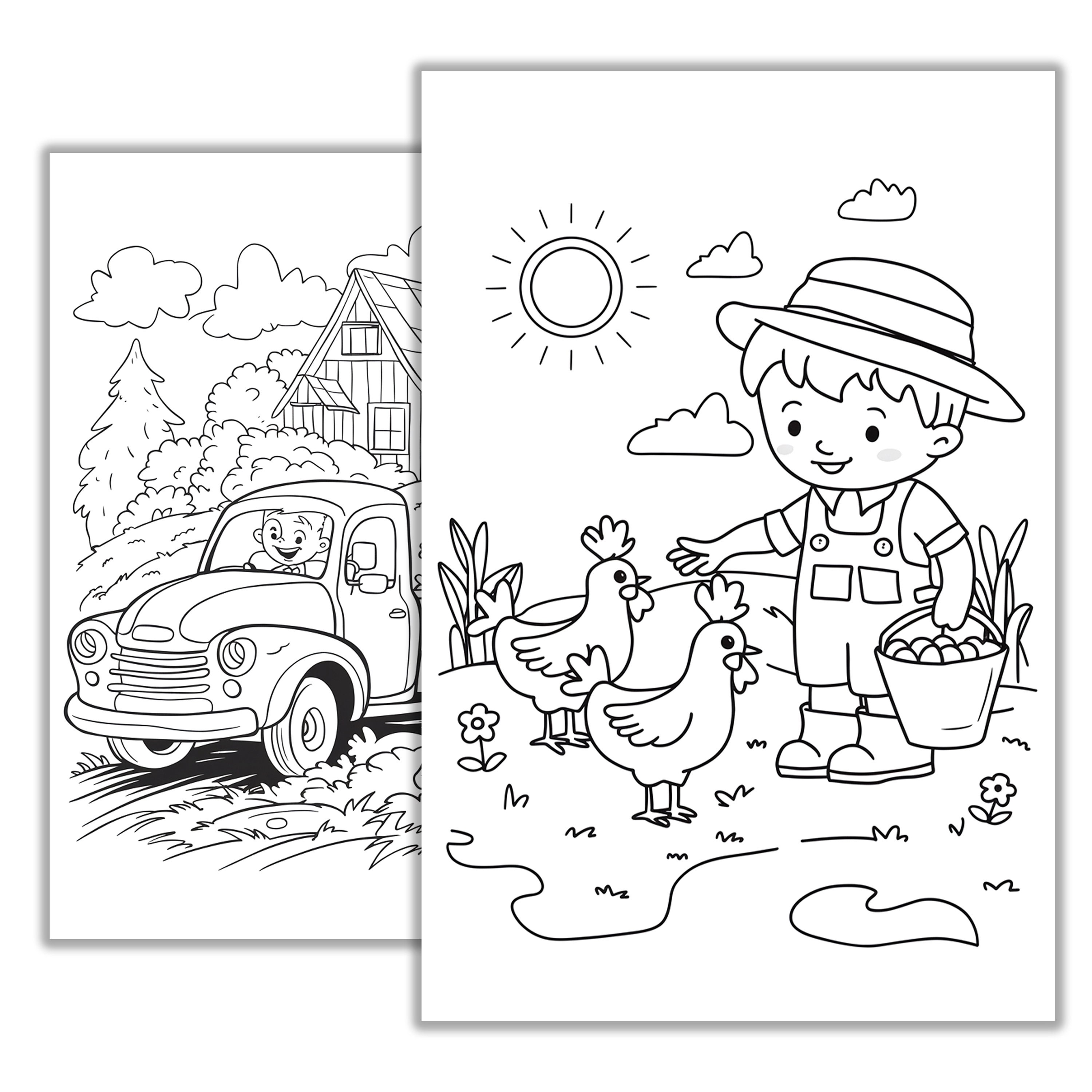 農場のぬり絵ページ – 子供と大人向けの印刷可能な田舎のぬり絵シート、納屋の動物アクティビティ、すぐにダウンロード - Etsy 日本, image size:3000x3000