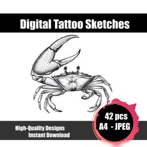 Crab Tattoo Sketch – Minimalist Sea Creature Tattoo Design, Fine Line Ocean Tattoo Flash, Printable Nautical Tattoo Art, Digital Download