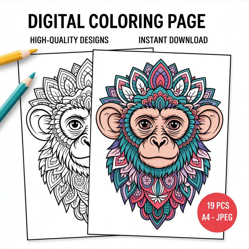 Monkey Head Mandala Coloring Page – Intricate Animal Zentangle Design, Stress Relief Printable Adult Coloring Sheet image 1