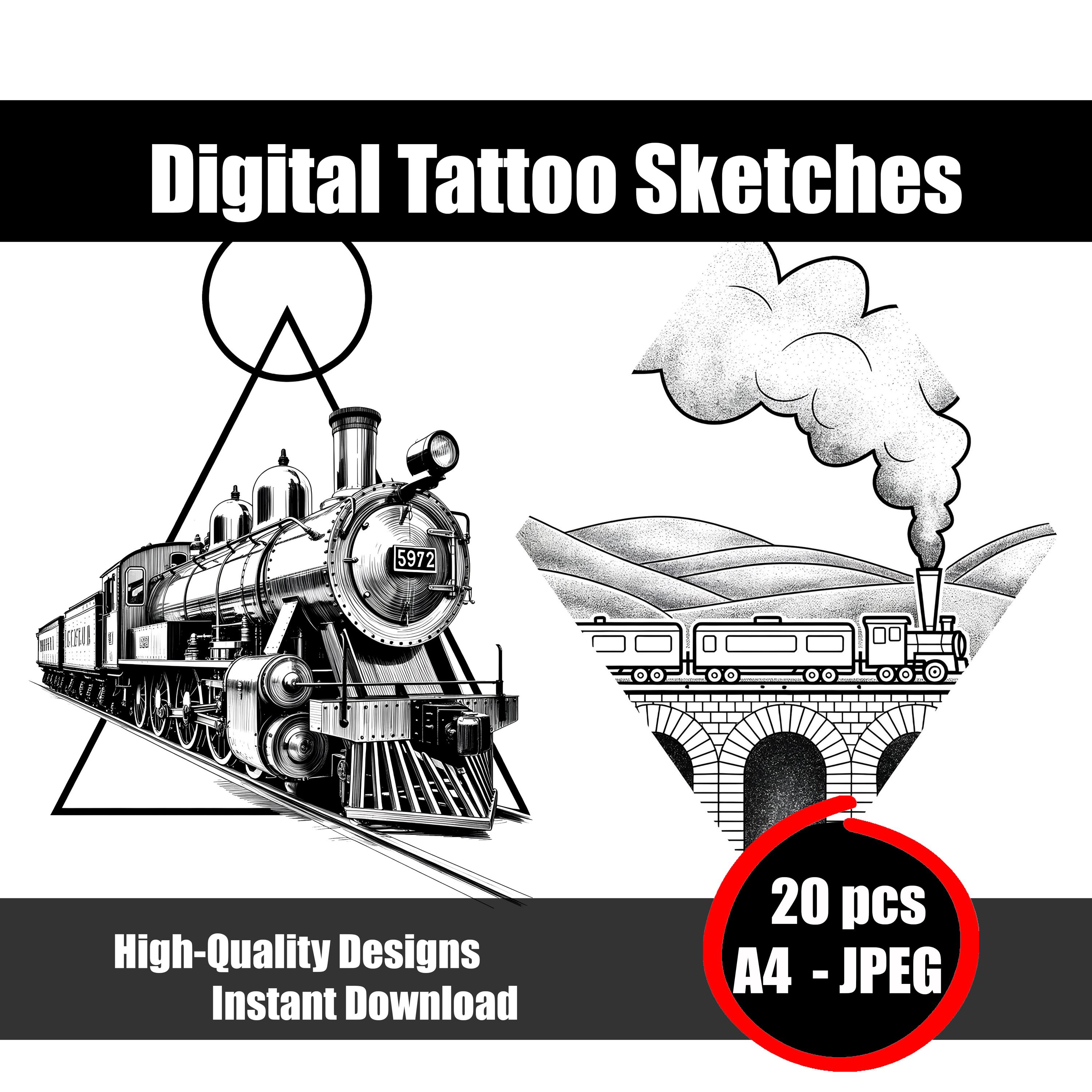 Train Tattoo Sketch – Vintage Locomotive Illustration, Minimalist