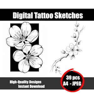 Può includere: Schizzi di tatuaggi digitali con disegni floreali. L'immagine include due grandi disegni di fiori di ciliegio e un ramo con un singolo fiore. Il testo recita "Digital Tattoo Sketches", "High-Quality Designs Instant Download" e "39 pcs A4 - JPEG".