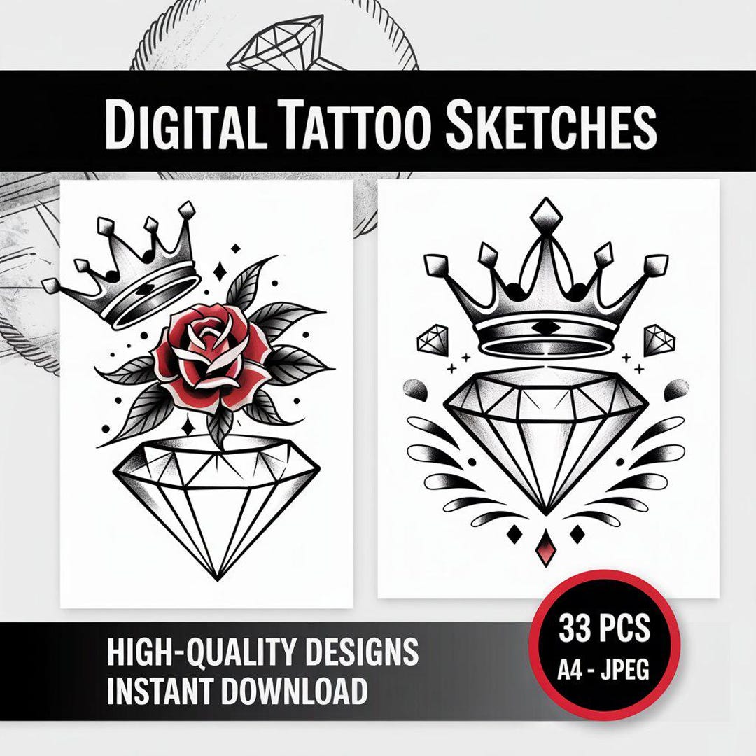 Diamond Tattoo Sketch – Black and White Line Art Gem Design, Fine