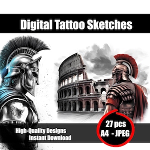 Boceto de tatuaje de guerrero romano | Arte lineal de gladiador | Diseño de tatuaje imprimible para artistas | Descarga digital instantánea