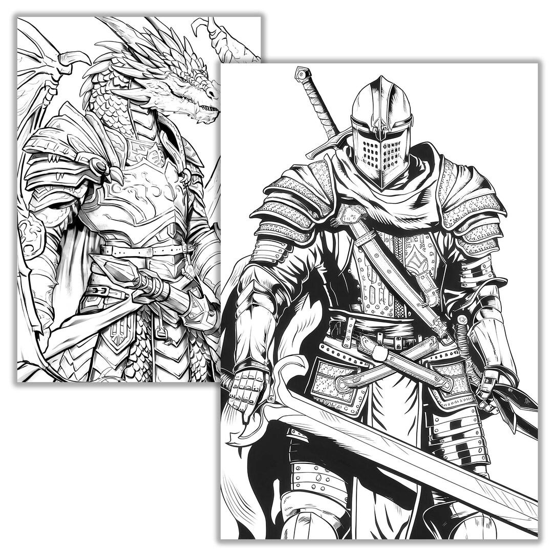 Fantasy Knights Coloring Page Printable Medieval Adventure Art for Kids ...