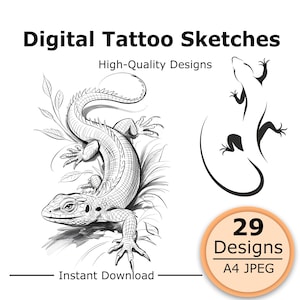 Op de afbeelding: Digitale tattoo-schetsen in zwart-wit met een gedetailleerde hagedisillustratie en een minimalistisch hagedissilhouet. De tekst luidt Digital Tattoo Sketches, High-Quality Designs, 29 Designs, A4 JPEG en Instant Download.