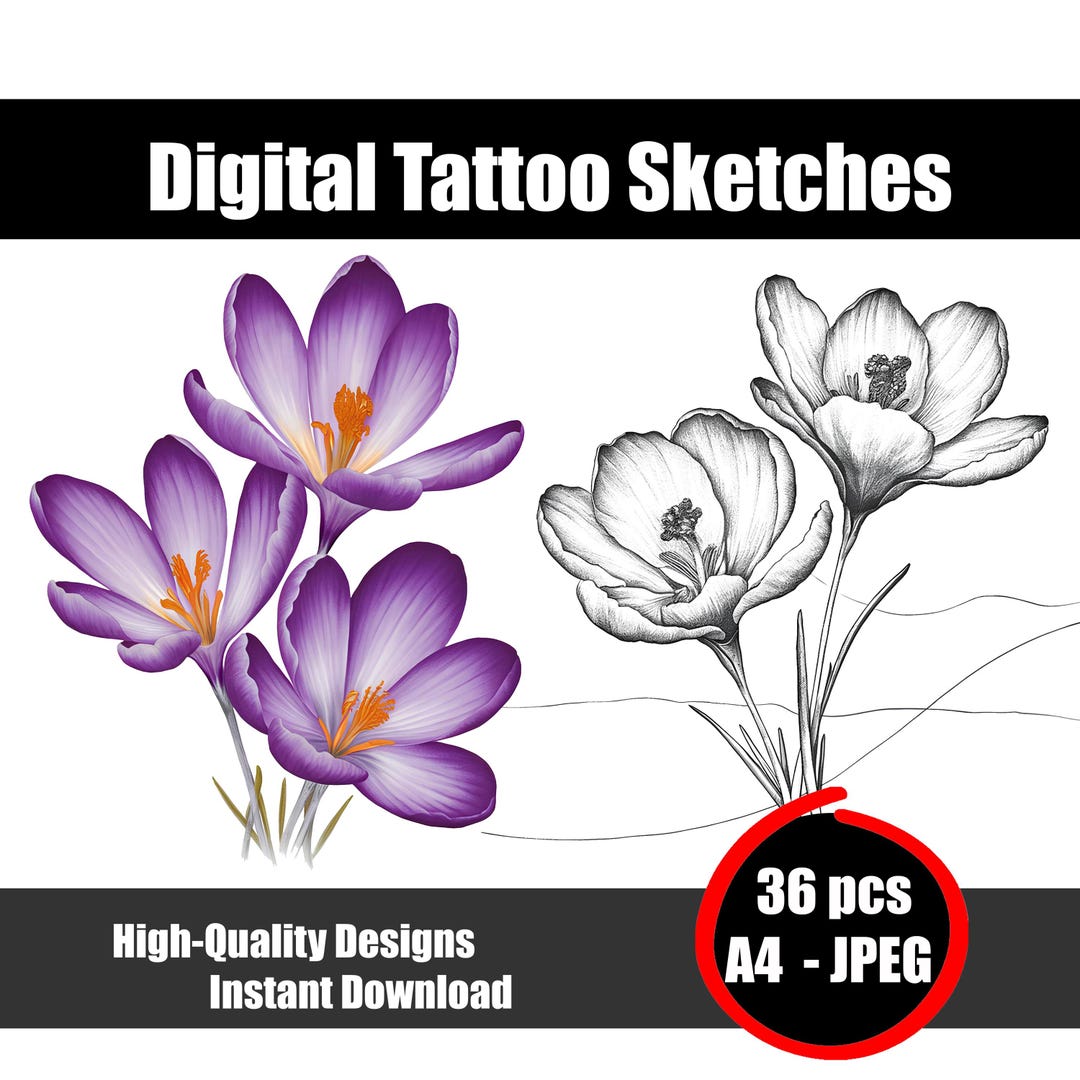 クロッカスのタトゥースケッチ – エレガントな花のデザイン、植物の