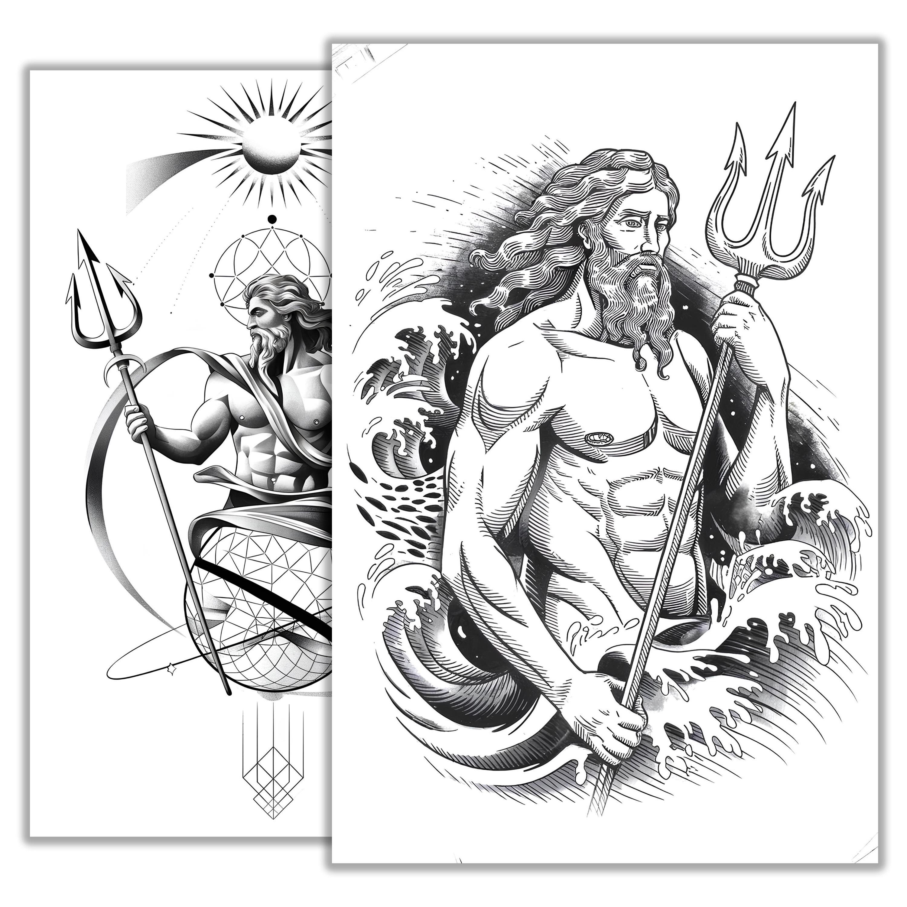 Poseidon Tattoo Sketch – Greek God of the Sea Line Art, Mythology ...