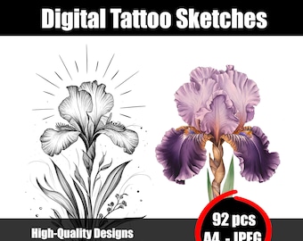 Boceto de tatuaje de iris - Diseño elegante de arte lineal floral - Dibujo botánico - Arte floral minimalista con tinta - Descarga instantánea imprimible