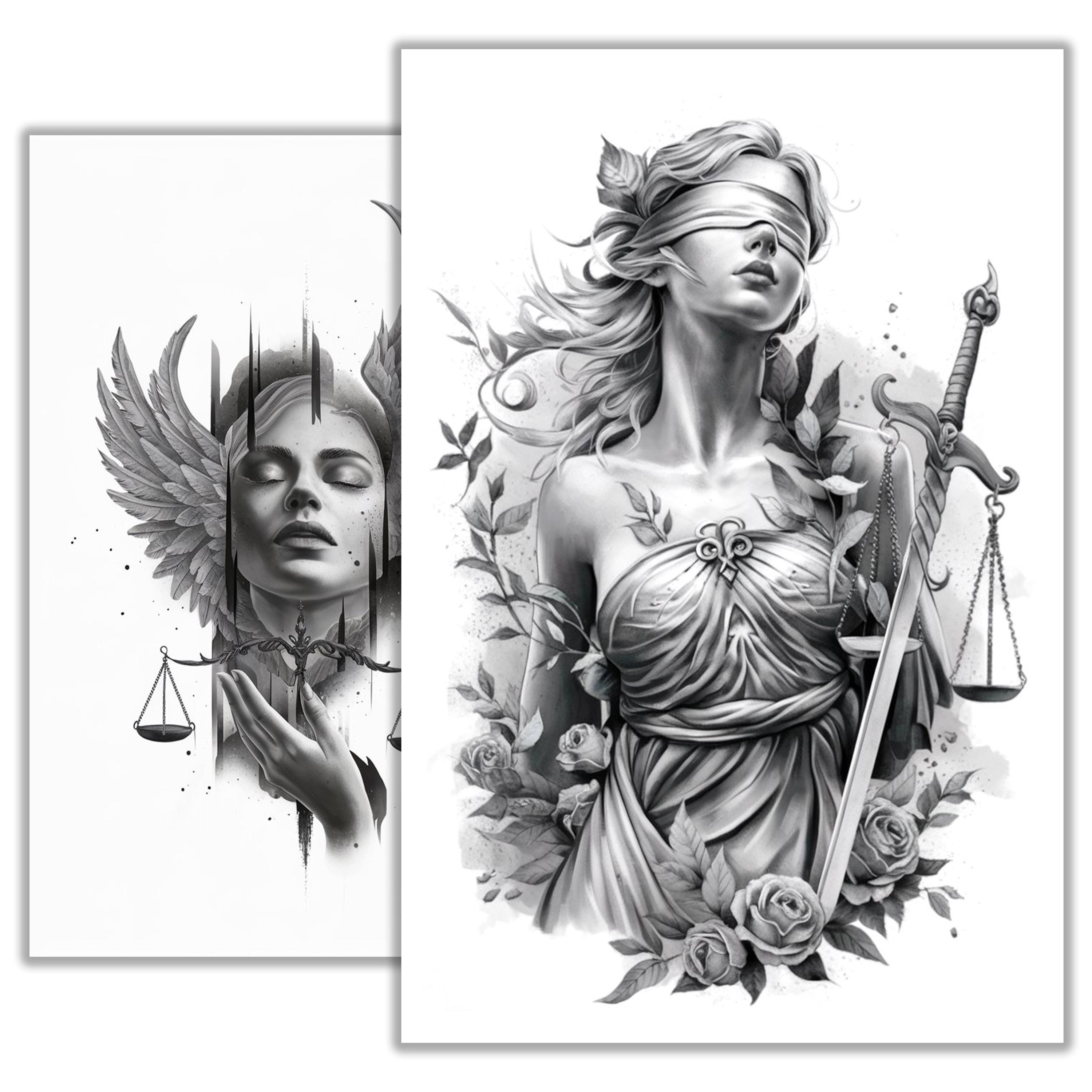 Themis Justice Tattoo Sketch | Goddess of Justice Tattoo Design | Lady ...