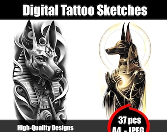 Croquis de tatouage d'Anubis, dessin de tatouage fin du dieu égyptien, dessin au trait de la mythologie antique, dessin minimaliste d'Anubis, inspiration pour tatouage