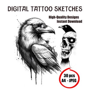 Raven tattoo, Crow Tattoo Sketch – Gothic Bird Tattoo Design, Black and White Line Art, Raven Ink Flash, Dark Aesthetic Digital Download Art