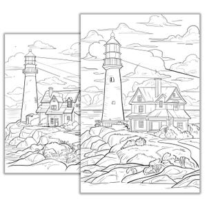 Puede incluir: Un dibujo en blanco y negro de dos faros en una costa rocosa. Los faros son altos y delgados, con una peque&ntilde;a casa adosada a cada uno. Las casas tienen ventanas y puertas, y los faros tienen una luz en la parte superior. La costa es rocosa y accidentada, con una peque&ntilde;a cantidad de agua en primer plano. El cielo est&aacute; nublado, con el sol brillando a trav&eacute;s de las nubes.