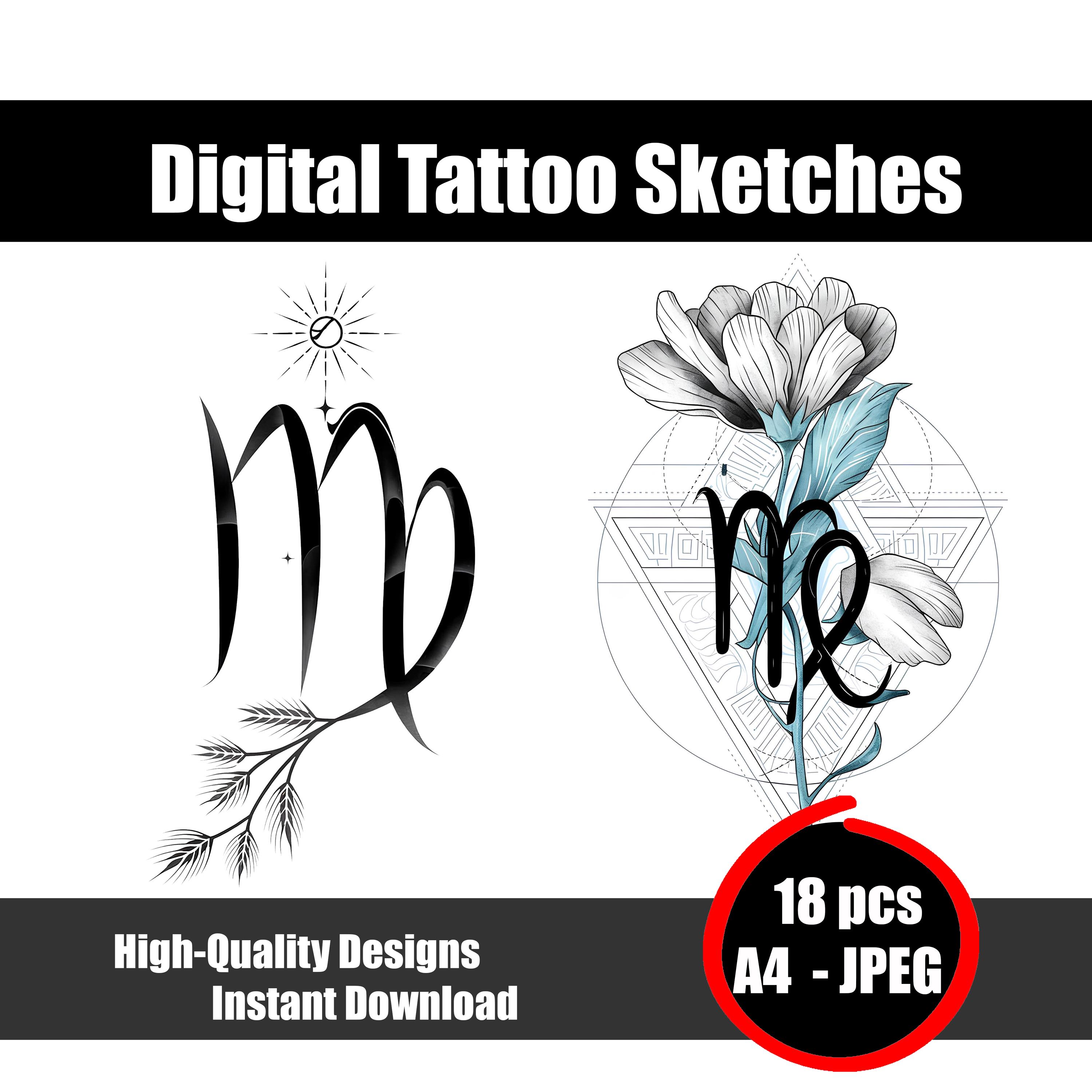 乙女座の星座タトゥースケッチ – 乙女座占星術の線画デザイン、地の