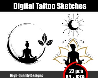 Yoga Tattoo Sketch – Spiritual Line Art Design, Black & White Meditative Symbol Tattoo Idea, Unique Minimalist Body Art Digital Download