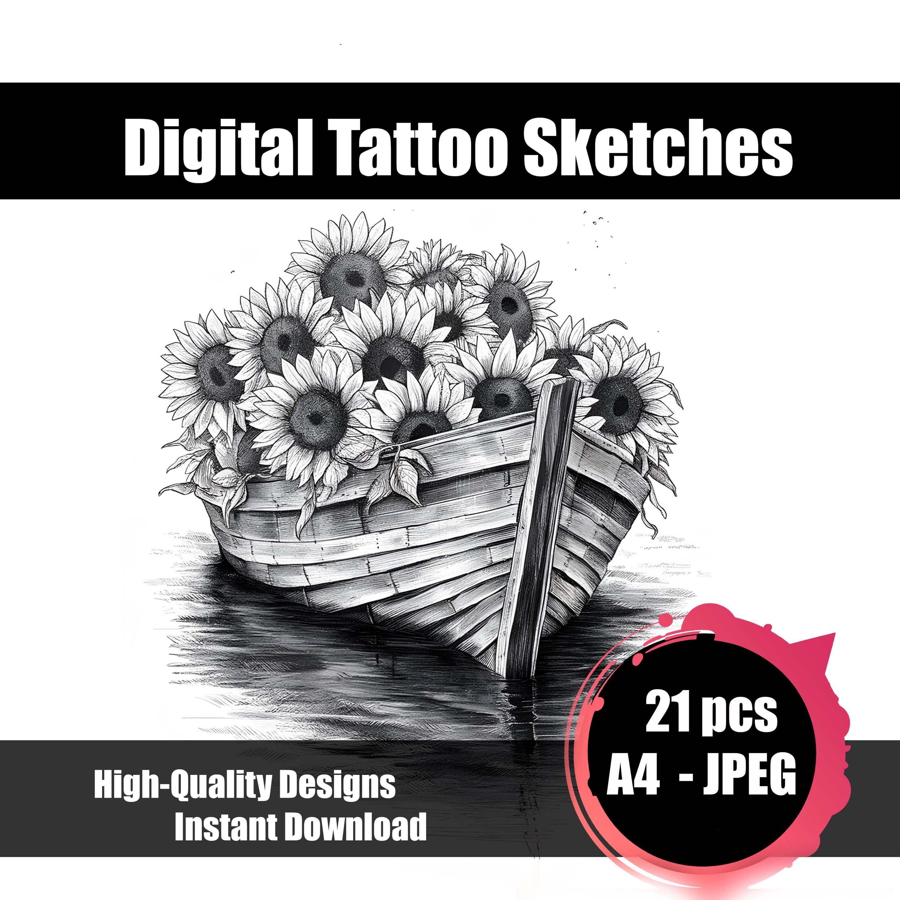 Boat With Sunflowers Tattoo Sketch – Floral Tattoo Design, Fine Line Tattoo,  Botanical Tattoo Flash, Printable Tattoo, Digital Download - Etsy, image size:3000x3000