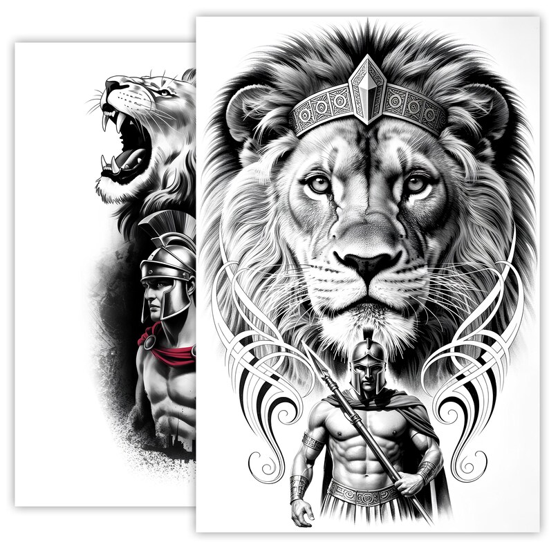 Lion and Warrior Tattoo Sketch, Spartan Warrior With Lion Line Art ...