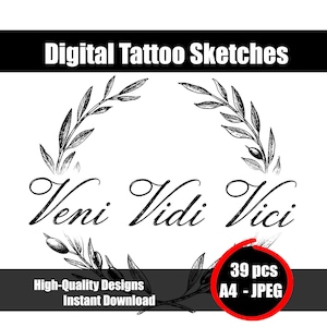 Veni Vidi Vici Tattoo Sketch – Minimalist Roman Quote Line Art | Inspirational Latin Phrase Tattoo Design | Instant Digital Download