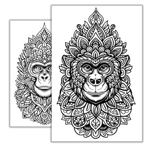 May include: Black and white line art illustration of a monkey's face surrounded by intricate floral patterns. The monkey has a serious expression and is looking directly at the viewer.