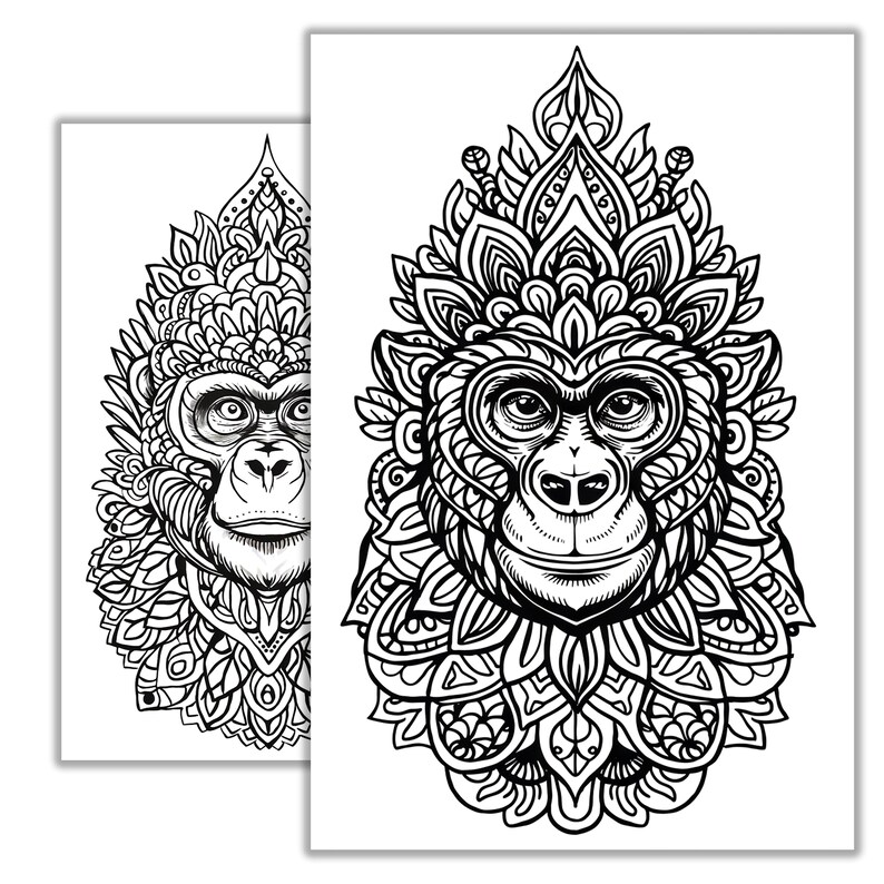 May include: Black and white line art illustration of a monkey's face surrounded by intricate floral patterns. The monkey has a serious expression and is looking directly at the viewer.