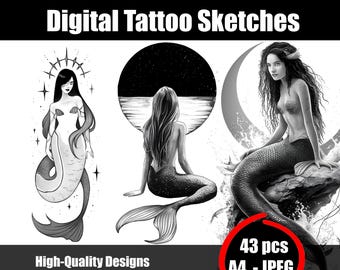 Mermaid Tattoo Sketch - Mystical Ocean-Inspired Line Art, Fantasy Tattoo Design, Black and White Digital Flash, Instant Download