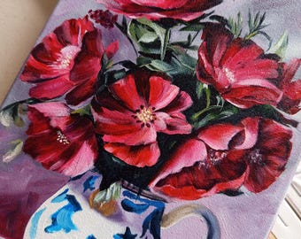 花瓶の中のポピーの油絵 | 赤い花の静物画 | 手描きの花柄キャンバス 花瓶の中のポピーの油絵 | 赤い花の静物画 | 手描きの花柄キャンバス