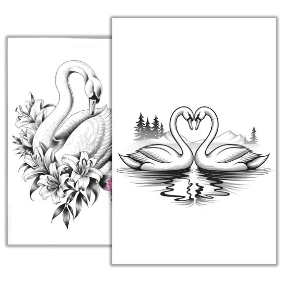 白鳥のタトゥーのスケッチ – エレガントな白黒の線画デザイン |優雅な