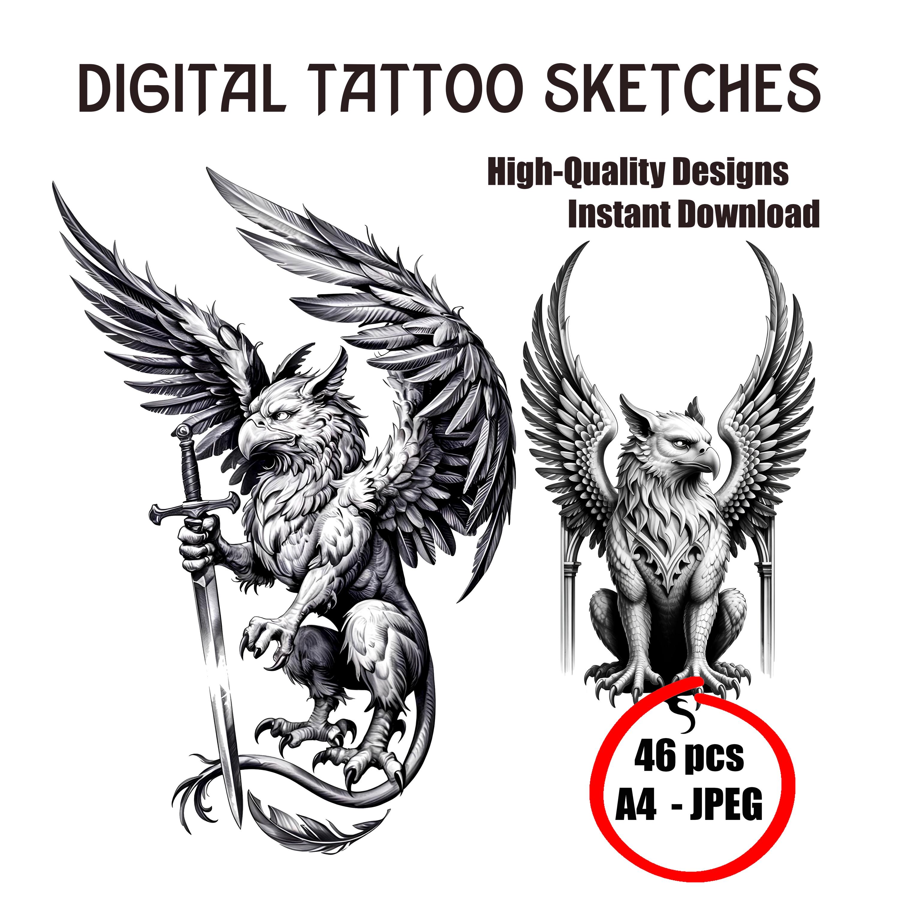 Croquis de tatouage de griffon – Motif de créature mythique pour les amateurs de fantasy et d'héraldique – Tatouage personnalisable pour les passionnés