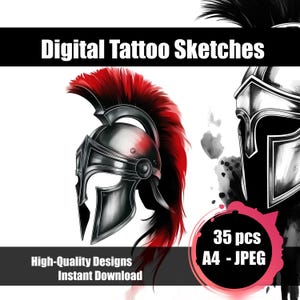 Könnte beinhalten: Digitale Tattoo-Skizzen mit einer detaillierten Illustration eines spartanischen Helms mit roter Feder. Das Bild enthält den Text "High-Quality Designs Instant Download" und "35 Stück A4 - JPEG". Das Design ist in Schwarz, Weiß und Rot.