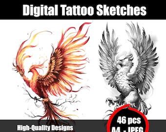 Croquis de tatouage de phénix | Tatouage d'oiseau mythique | Dessin à l'encre du phénix ascendant | Dessin au trait détaillé | Téléchargement instantané