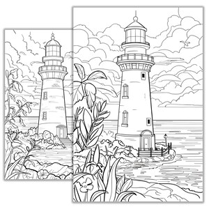 Puede incluir: Un dibujo en blanco y negro de dos faros en una costa rocosa con una masa de agua en el fondo. Los faros tienen ventanas y puertas, y la costa est&aacute; cubierta de plantas y flores.