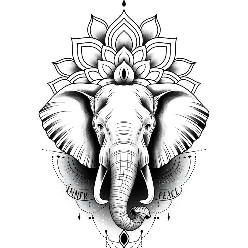 Elephant Mandala Tattoo Sketch – Intricate Black and White Line Art ...