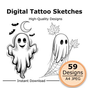 Cute Ghost Tattoo Design, Spooky Halloween Flash, Small Dainty Stencil, Goth Witchy Line Art, Instant JPG Download, Procreate Stamp